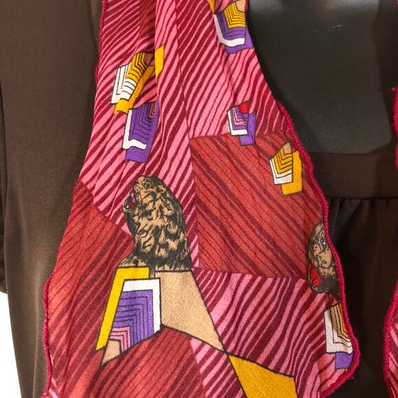 Red Geometric Print Scarf, Yellow Purple Animal Head Sheer Coquette Office Retro - Picture 4 of 6